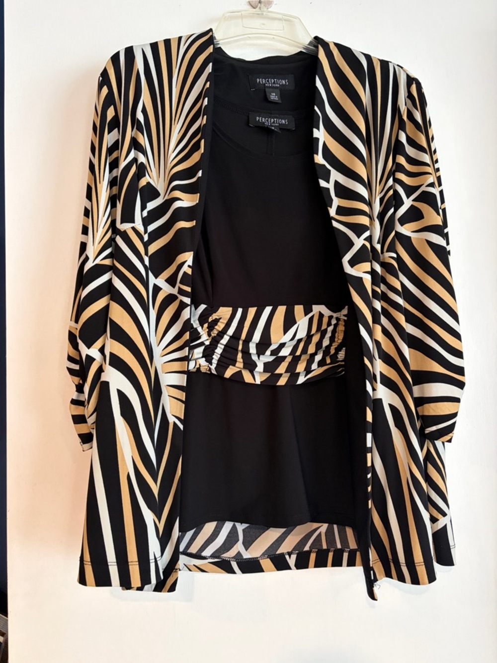 Perceptions 3-Piece Pants Suit Set Zebra Abstract Duster Jacket Tank Trousers 14